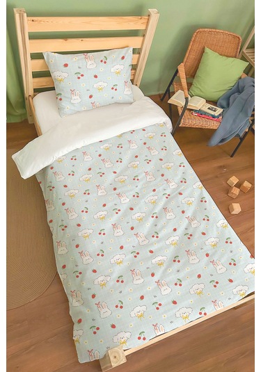 Organik Tek Kişilik Nevresim Takımı 160x220 - Şirin Tavşanlar Renkli