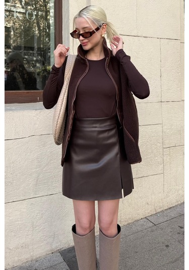 Acı Kahverengi Mini Boy Kadın Deri Etek Mg2298 Acı Kahverengi