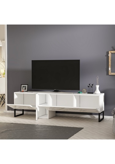 T0016 Kapaklı, Metal Ayaklı, Tv Sehpası, Tv Ünitesi - Beyaz/beyaz Mermer Beyaz/beyaz Mermer