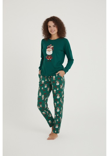 Luxury Thermal Noel Baba Desenli Kadın Polar Kışlık Pijama Takımı 42060 Yeşil