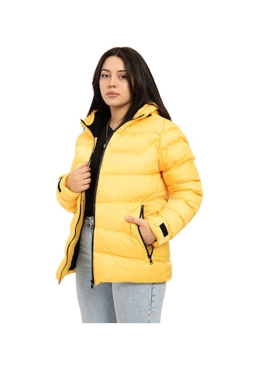 Kadın Sarı Kapüşonlu Içi Polarlı Kürklü Su Geçirmez Rüzgara Dayanıklı Şişme Mont Kaban Parka Sarı