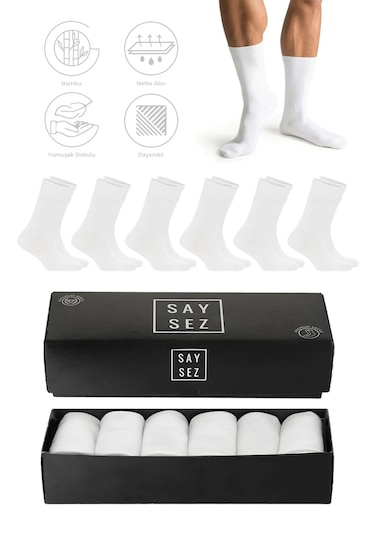 Saysez Bambu Erkek Soket Uzun Beyaz Çorap Dikişsiz Premium Kutulu 6'lı Beyaz