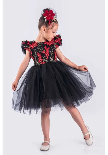 Kız Çocuk Elbise Tütü Etek Nakışlı Siyah Kırmızı