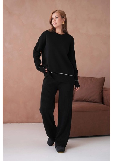 Kadın Bisiklet Yak Adüşük Kol Kazak Fitilli Pantolon İkili Triko Takım Siyah