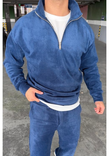 Mass Plus Unisex Slimfit Yarım Fermuarlı Dik Yaka Polar Sweatshirt Saksmavi