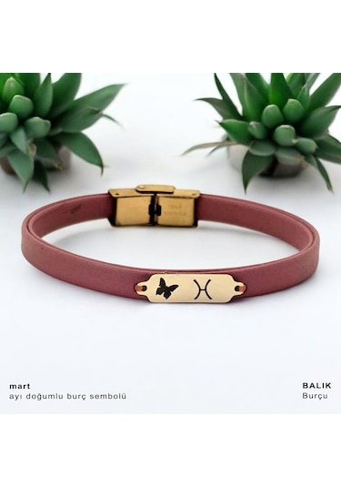 Archin Mart Ayı Doğumlarına Koyu Pembe Derili Kelebek Motifli 14 Ayar Altın Plakalı Hediye Bileklik-654ay Mart