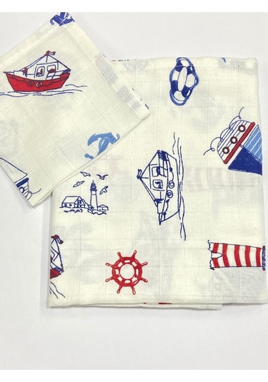 Müslin %100 Organik Pamuk Kumaş Örtü Battaniye 100x100cm+ Ağız Mendili Hediyeli Denizci Mavi Denizci Mavi