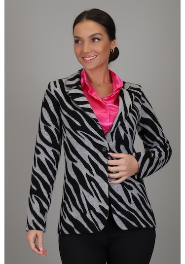 Sweetness Kadın Siyah Gri Zebra Desenli Astarsız Tek Düğme Ceket Gri