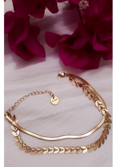 Giftworld Çelik Gold Yaprak Model Bileklik / İki Bileklik Görünüm Altın