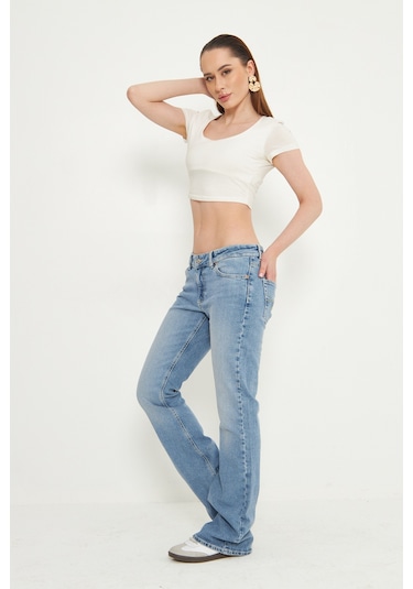 Kutaf Mavi Düşük Bel Jeans Mavi