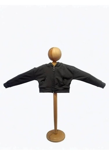 Kız Çocuk Pamuklu Crop Fermuarlı Kapuşonlu Hırka-15454 Füme