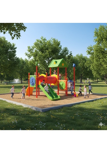 Çocuk Oyun Grubu, 6x5m İki Kaydıraklı Ev Çatılı -70 Çok Renkli