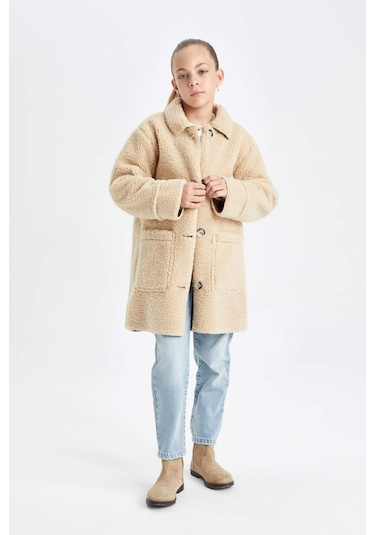 DeFacto Kız Çocuk Rüzgar Geçirmez Düğmeli Cepli Kaşe Parka C8555A824AUBG203 Bej