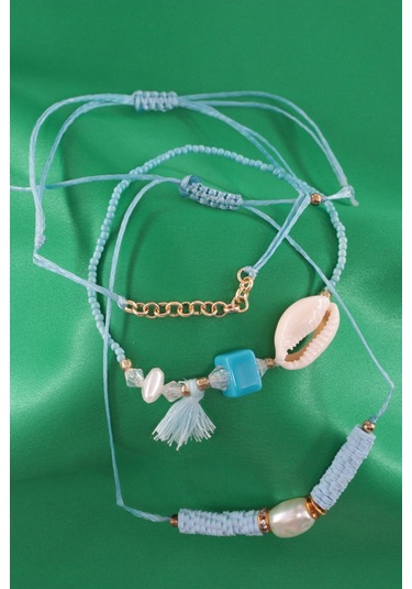 3lü Deniz Kabuğu İncili Boncuklu Püsküllü Asansörlü Lastikli İp Bileklik. Kadın İp Bileklik Halhal Çok Renkli