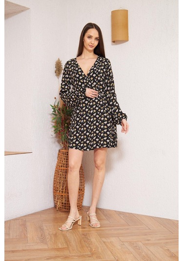 Siyah Çiçek Desenli Elbise Dm1025