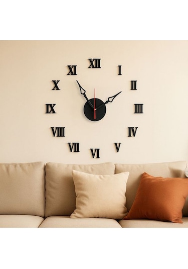 Yapışkanlı Dekoratif Büyük Boy Roma Rakamlı Duvar Saati Siyah