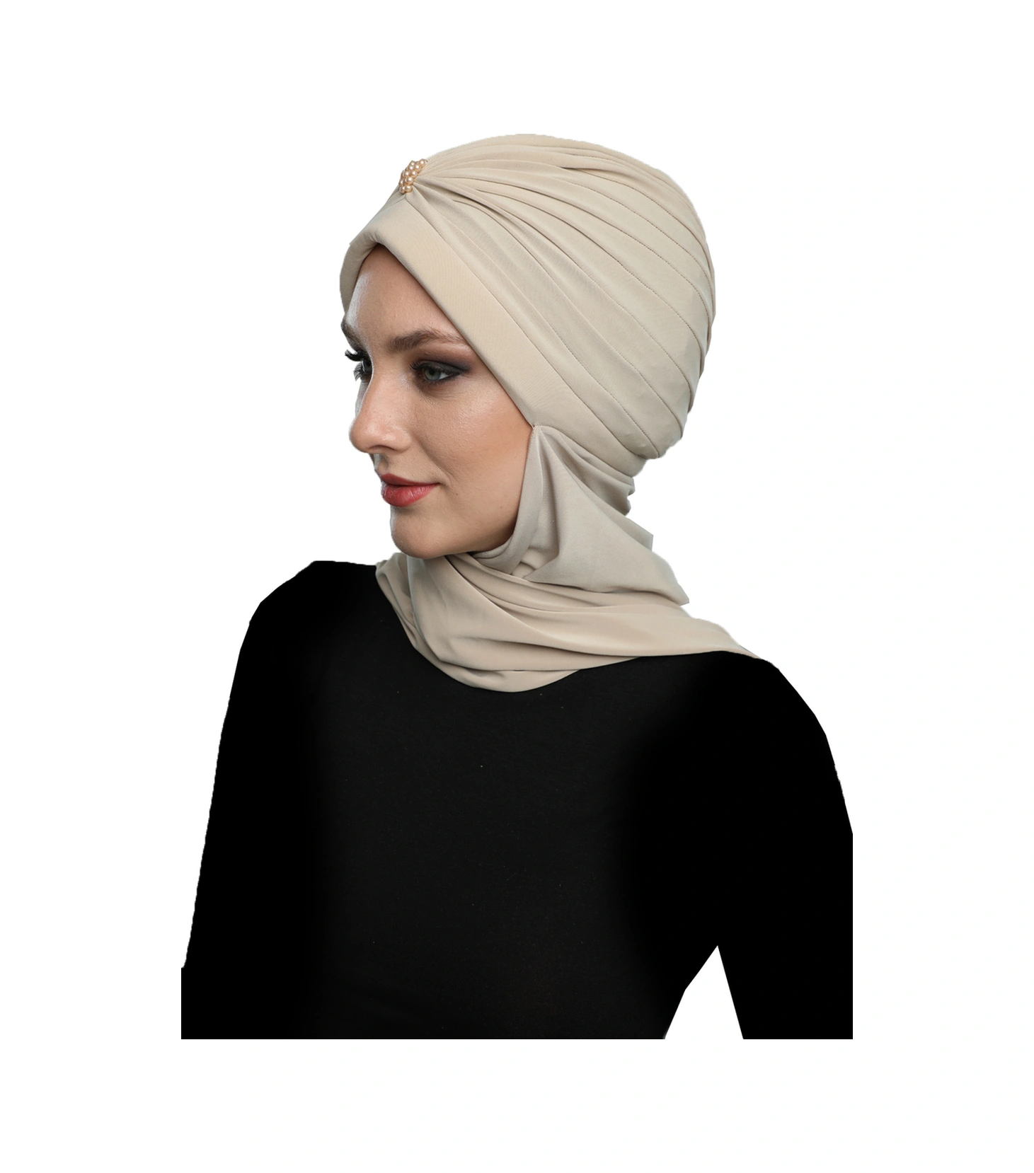 Incili Atkılı El Işi Inci Işlemeli Bej Hazır Türban Tesettür Bone Bej