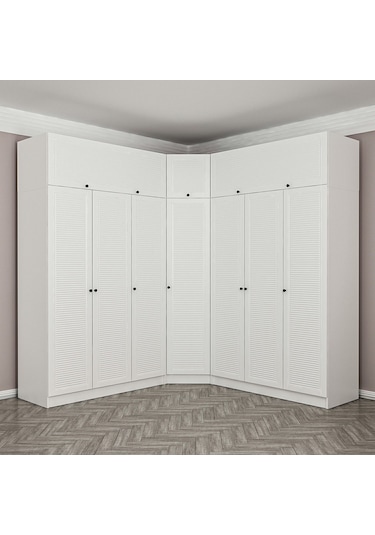 Minar Kale 7 Kapaklı 4 Ç Köşe Dolap + Yüklük Beyaz Mebran Panjur 190cm