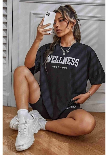 Merry See Wellness Baskılı Soft Kısa Kollu Şortlu Alt Üst Takımı Siyah 001