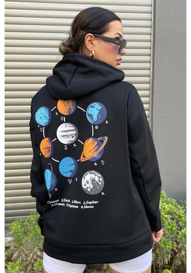 Modagen Kadın Oversize Siyah Sweatshirt Galaksi Baskılı Siyah