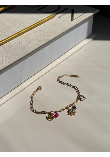 Renkli Taşlı Yıldız Figürlü Altın Kaplama Kadın Çelik Bileklik Altın