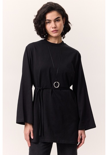 Bağlama Detaylı Oversıze Tshırt Siyah Siyah