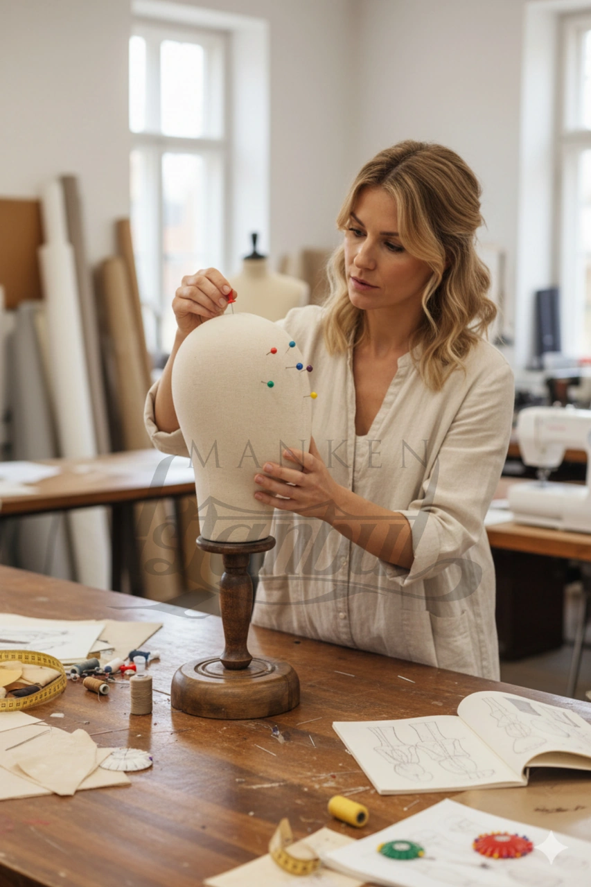 Dik Ve Yatay Iğne Batabilen Kumaş Kaplı Ahşap Standlı Kafa Mankeni Peruk Aksesuar Mankeni 1674