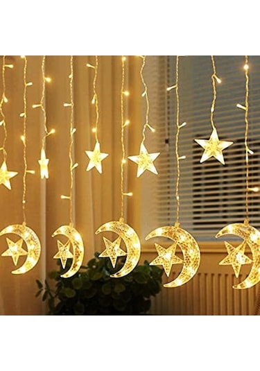 Fastbuy Ramazan Dekorasyonu Led Ay Yıldız Salkımlı Perde, Güneş Işığı Işıltısı Gün Işığı