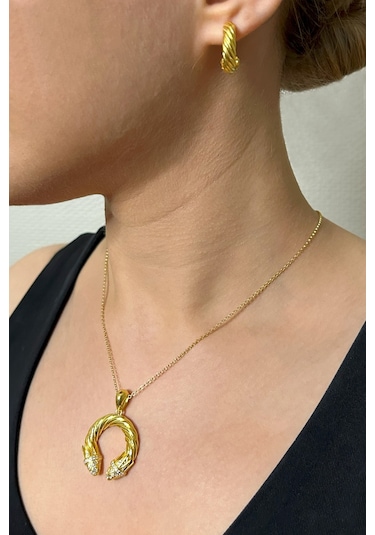 18k Altın Kaplamalı 925 Ayar Gümüş Tasarım Burgu Set - 67022302 Altın