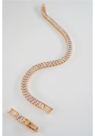 Kadın 316 L Çelik Vip Seri Antialerjik Baget Zirkon Taşlı Su Yolu Bileklik Ölçüleri 17cm + 3 Cm Uzatma 7 Mm Taş Boyutu-5210 Altın