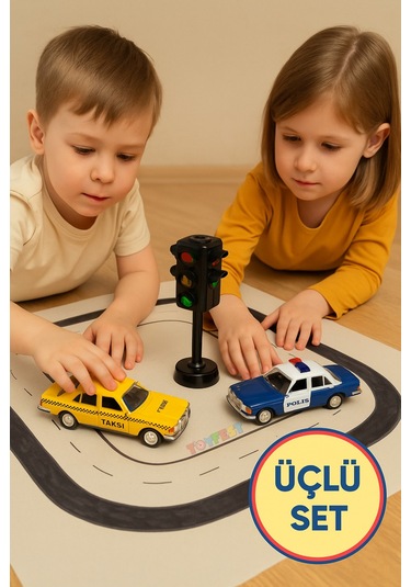 Metal Çek Bırak Taksi Polis Arabası Ve Trafik Işığı 3 Lü Set Açılır Kapı Yumuşak Lastik 11 Cm