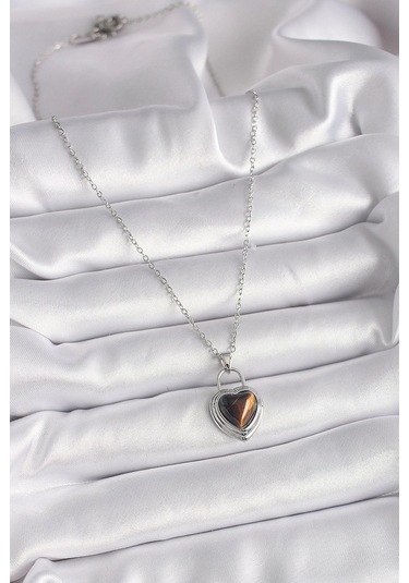 316l Çelik Gümüş Renk Zincir Kilit Kalp Kehribar Boncuk Model Kadın Kolye Çok Renkli