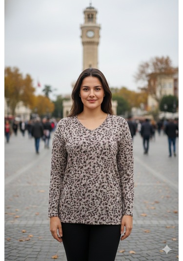 Barem Kadın Lina Büyük Beden Kışlık V Yaka Yumoş Kahve Bluz D08 Kahve