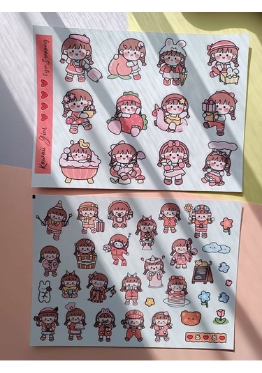 Kawaaii Kız Sticket Etiket Set - Pembe