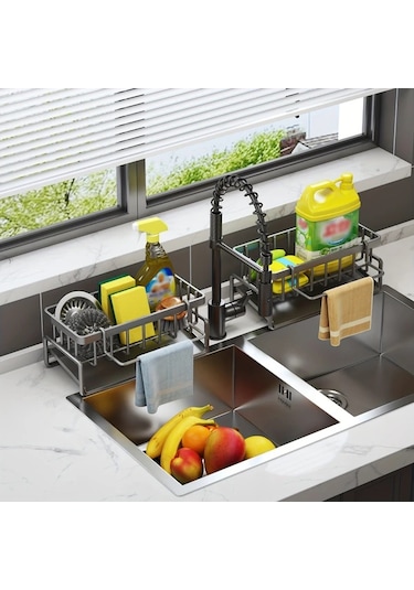 Chenkestoreone Siyah Plastik Lavabo Düzenleyici, Sünger Ve Bez Askılı Ev Kamp Mutfağı Organizer Siyah