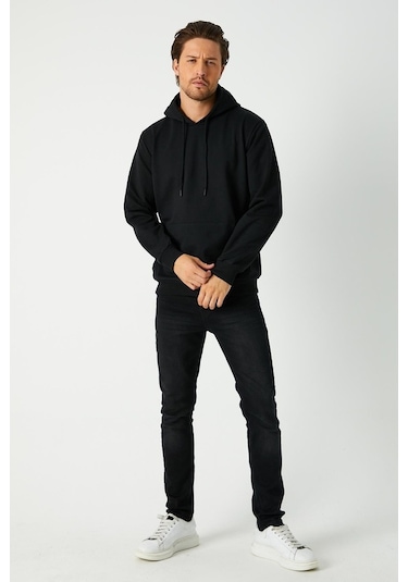 MMetalic Siyah Erkek Kapüşonlu Kanguru Cepli Sweatshirt