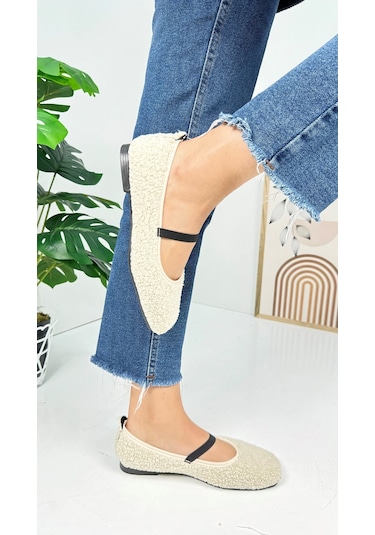 Günlük Kadın Babet Peluş Lastikli Oval Burunlu Alçak Topuklu Tırtıklı Tabanlı Ayakkabı 369 Bej