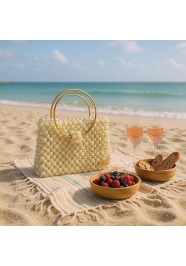 Plentiful İnci Boncuk Çanta, Abiye , Gece , Düğün, Gelin,nişan Çantası Krem