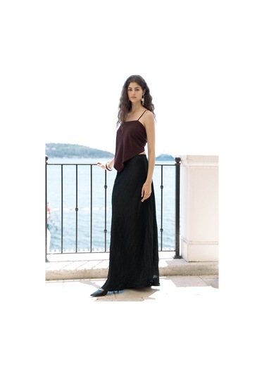 Eubah Kırışık Uzun Siyah Saten Etek Siyah