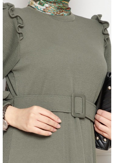 Omuzu Fırfır Kemerli Elbise-haki-4563 Haki