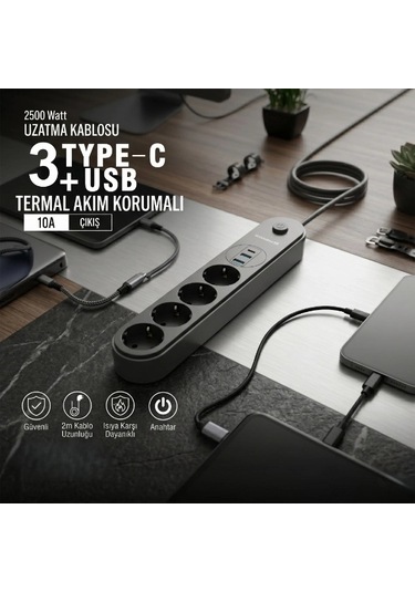 Buğz Termal Akım Korumalı 4 Prizli Usb Girişli Uzatma Kablosu Diğer