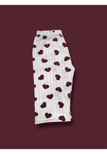 Desenli Penye Diz Altı Büyük Beden Anne Kadın Kapri Bordo Kalp