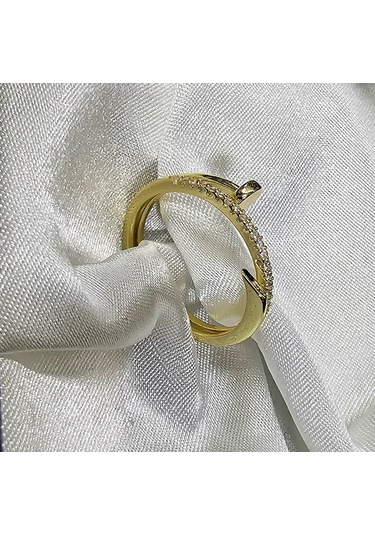 Dükkan Design Çivi Desenli Tasşlı Sarı Çelik Yüzük Sarı Altın