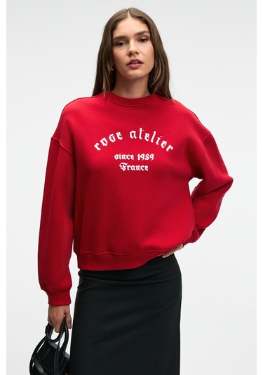 Grımelange Morevessa Kadın Regular Fit Baskı Detaylı Yuvarlak Yakalı Kırmızı Sweatshirt Kırmızı
