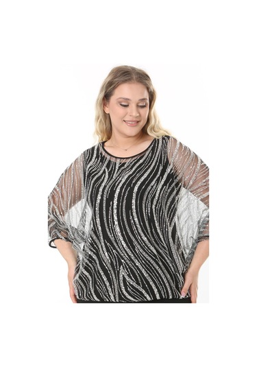 Büyük Beden 3899 Siyah - Gümüş Bluz + Bady İkili Takım 001