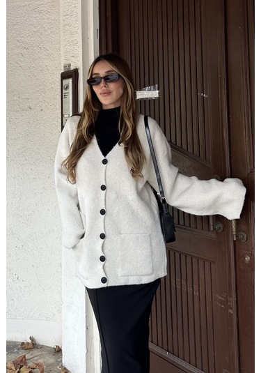 Kemik Çift Cepli Hırka - 04622 Krem