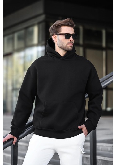 Siyah Kapüşonlu Kanguru Cep Erkek Sweatshirt E7169 Siyah