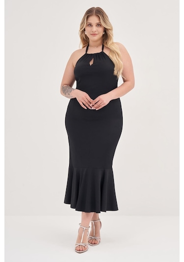 Boyundan Bağlamalı Vücuda Oturan Elbise-1779-siyah Siyah