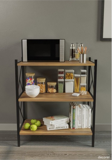 Morpanya Arose Metal Tekli Mutfak Rafı Malzeme Dolabı 3 Raflı Mikrodalga Fırın Rafı Çok Amaçlı Ceviz