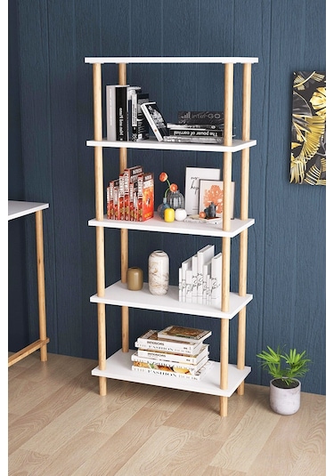 İntergo Dekoratif 5 Raflı Ahşap Ayaklı Kitaplık